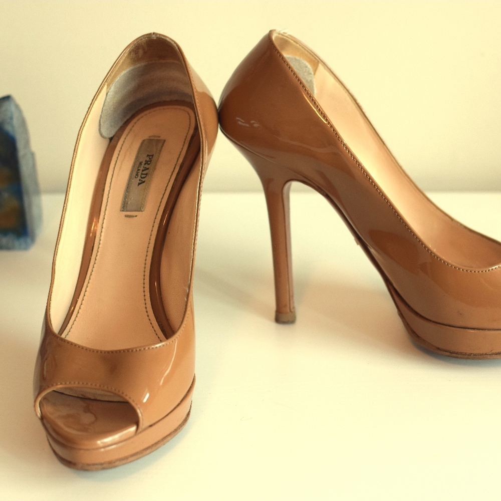 Prada tan peep toe heels